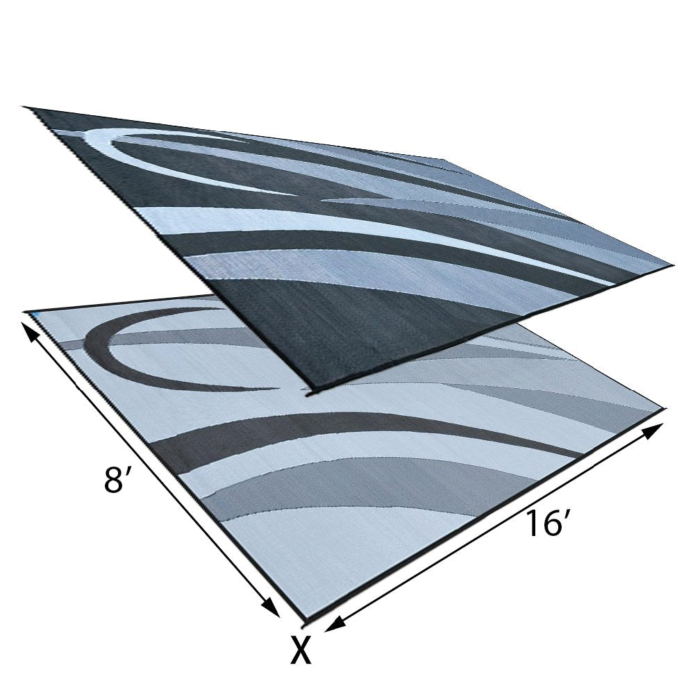 Camping Stylish GB1 8-Feet x 16-Feet RV Reversible Graphic Patio Mat, Black/Silver