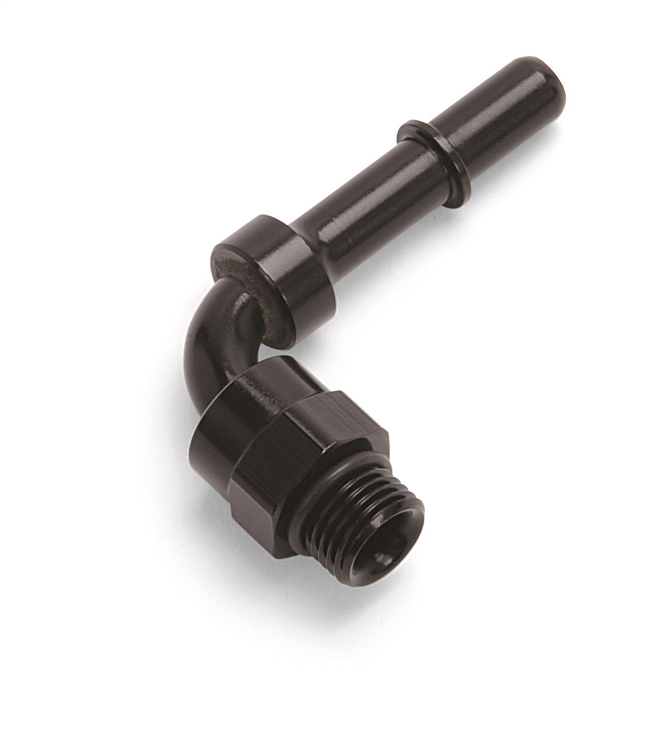 ADAPTER FITTING 3/8" SAE QUICK DISCONNECT MALE TO MALE #6 SAE PORT SWIVEL END 90 DEG BLK ANODIZED