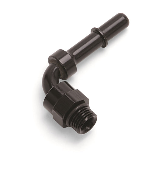 ADAPTER FITTING 3/8" SAE QUICK DISCONNECT MALE TO MALE SWIVEL END #8 SAE PORT 90 DEG BLK ANODIZED