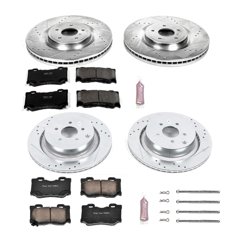 Power Stop K5823 Z23 Carbon Fiber Brake Pads Front and Rear with Drilled and Slotted Brake Rotors Kit For Infiniti FX50 M37 M56 Q50 Q60 Q70 Q70L