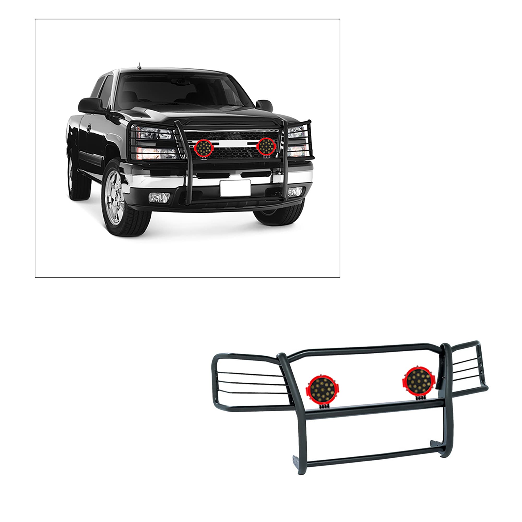 Bumper Guard Modular Black Black Horse Grille Come With pair of 7.0"Dia.LED Lights with Red Trim Rings Compatible with 2003-2006 Silverado 1500|2007-2007 Silverado 1500 HD Classic-17GT25MA-PLR