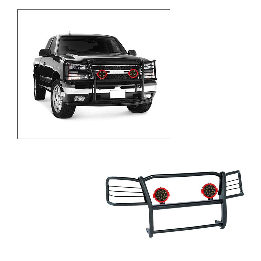 Bumper Guard Modular Black Black Horse Grille Come With pair of 7.0"Dia.LED Lights with Red Trim Rings Compatible with 2003-2006 Silverado 1500|2007-2007 Silverado 1500 HD Classic-17GT25MA-PLR