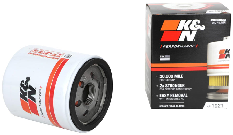 K&N Oil Filter Premium: 20,000 Mile Engine Protection with Wrench Off Nut: Compatible with GMC/Cadillac/Chervolet/Buick (See Product Description for Select Models), HP-1021