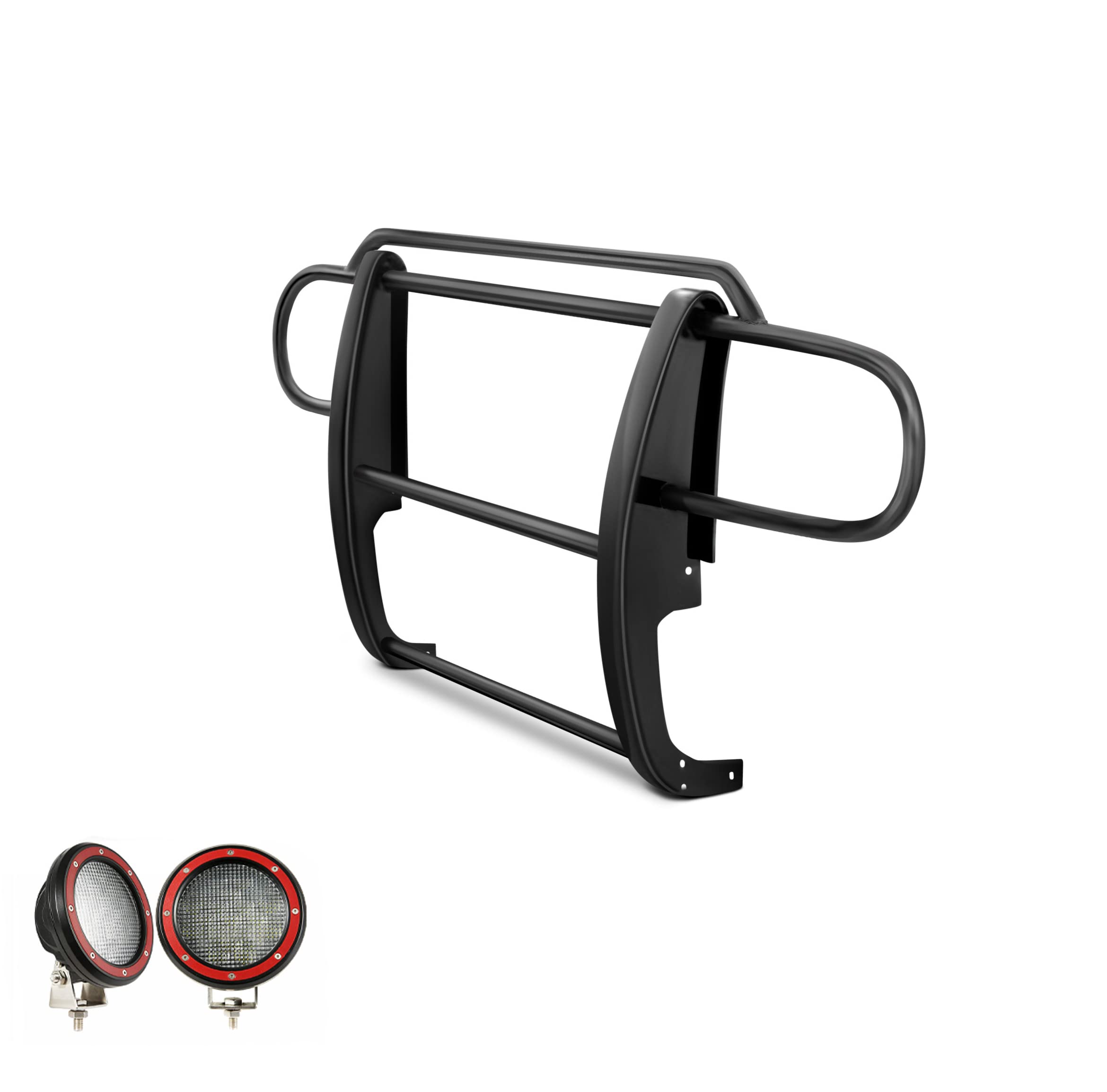 Bumper Guard Black Horse Grille Brush Modular Black Come with Pair of 5.3" Dia.LED Lights with Red Trim Rings Compatible with 2007-2017 Jeep Wrangler-17JPWRMA-PLFR