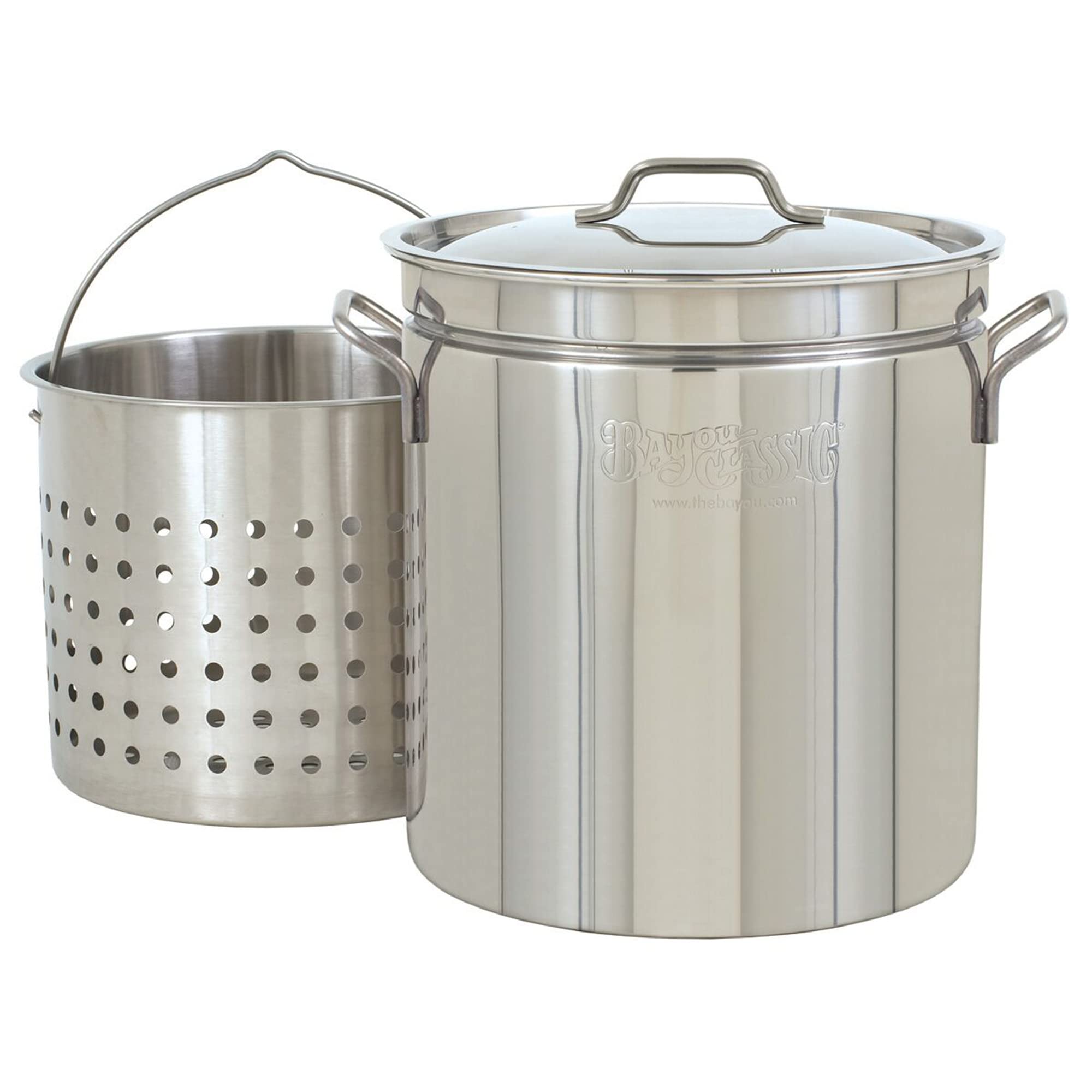 Bayou Classic 62-qt Stainless Stockpot w/Stainless Perforated Basket Features Heavy Welded Loop Handles Domed Vented Lid Perfect For Canning Boiling Steaming and Preserving