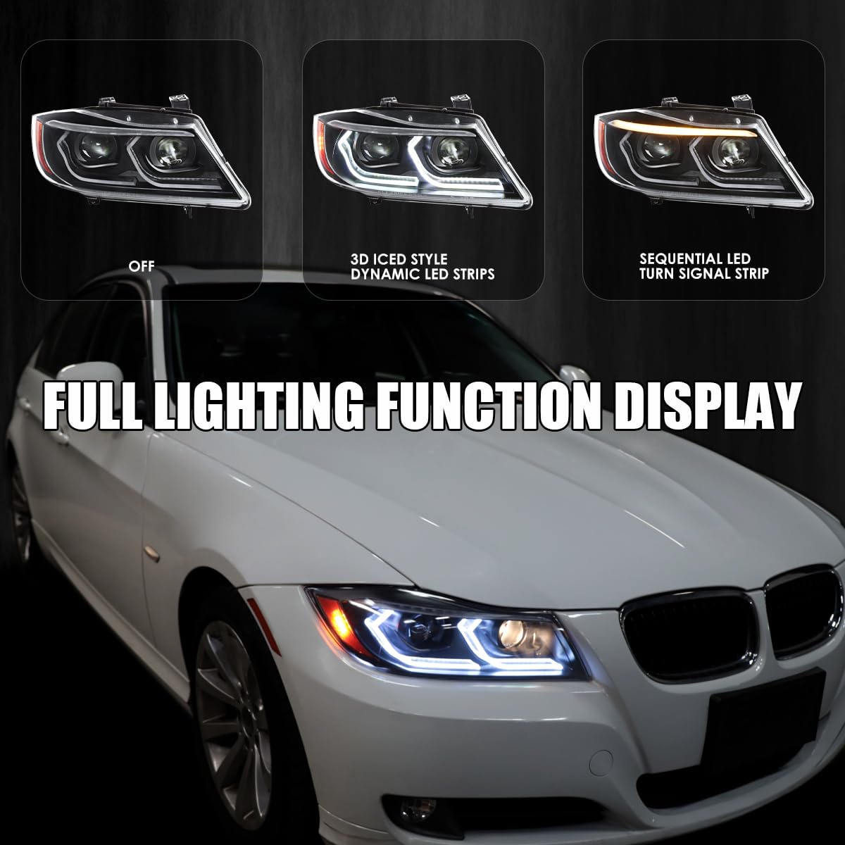 Dual Projector Headlights SPEC-D TUNING Black with 3D LED Tube and Startup Animation Compatible with 2006-2011 BMW 3-Series E90 Sedan/E91 Wagon, Left + Right Pair Headlamps Assembly