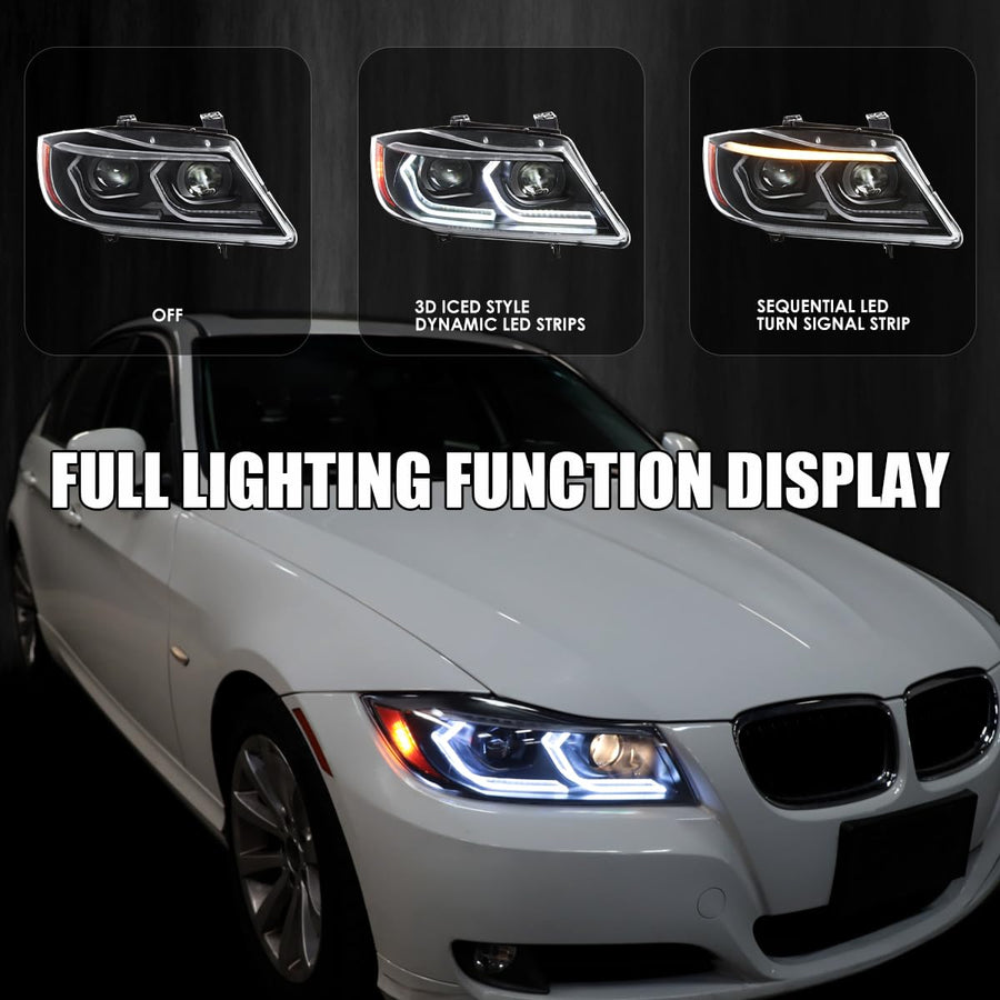 Dual Projector Headlights SPEC-D TUNING Black with 3D LED Tube and Startup Animation Compatible with 2006-2011 BMW 3-Series E90 Sedan/E91 Wagon, Left + Right Pair Headlamps Assembly
