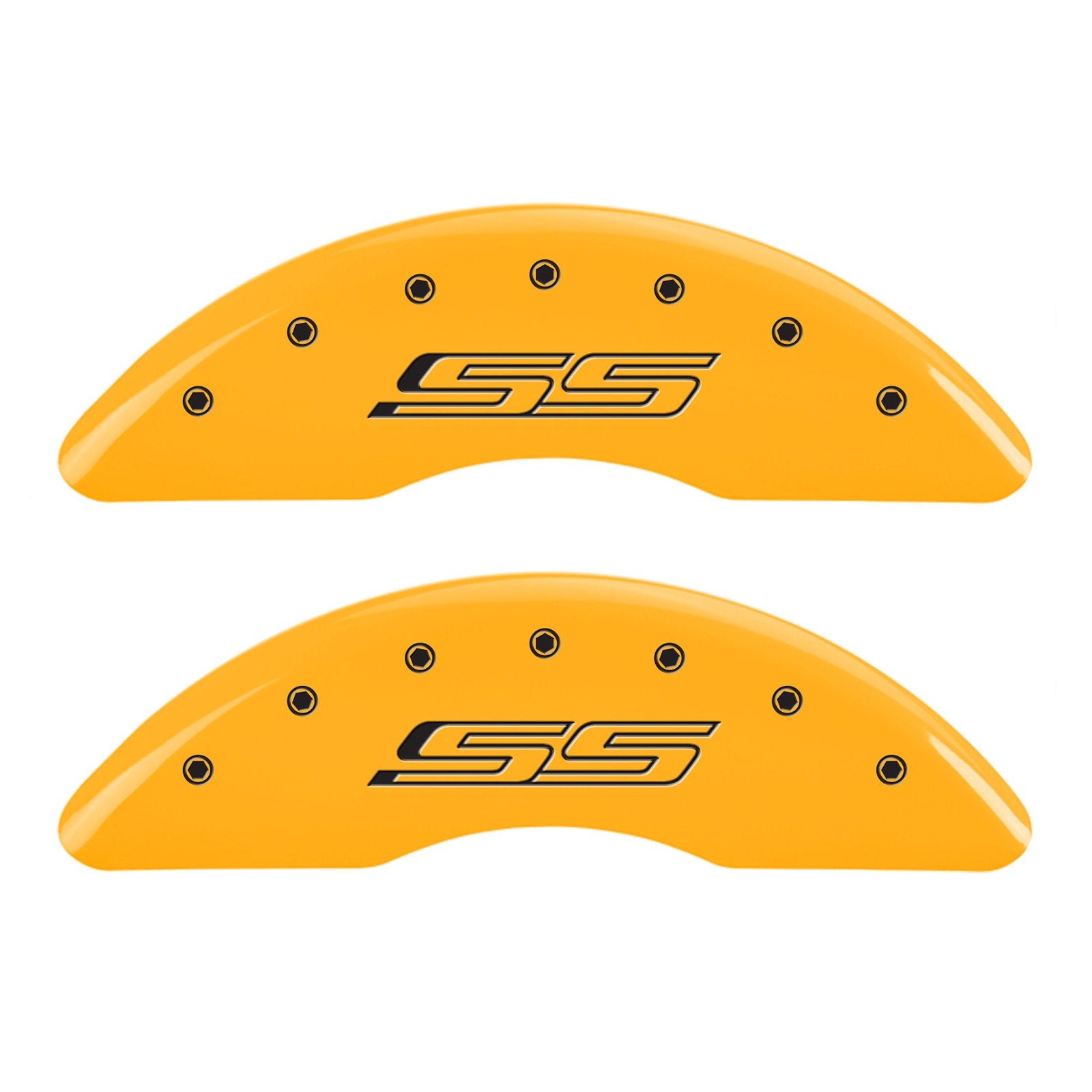 Chevrolet Camaro SS MGP Brake Caliper Covers (2016-24') Fits 19"+ Wheels (Will Not Fit ZL1 Model) – Powder Coated Yellow, Engraved Black Chevy SS Logo, Aluminum Caliper Covers (Set of 4)