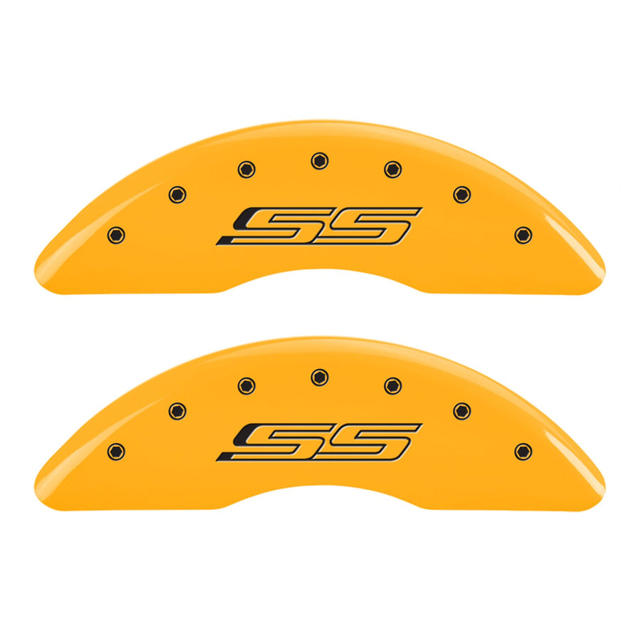 Chevrolet Camaro SS MGP Brake Caliper Covers (2016-24') Fits 19"+ Wheels (Will Not Fit ZL1 Model) – Powder Coated Yellow, Engraved Black Chevy SS Logo, Aluminum Caliper Covers (Set of 4)