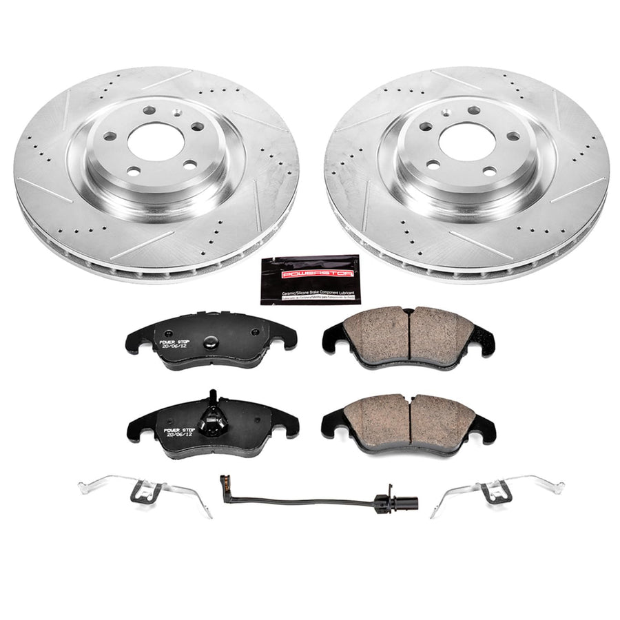 Power Stop K6154 Z23 Carbon Fiber Brake Pads Front with Drilled & Slotted Brake Rotors Kit and 1 Front Sensor Wire For Audi S4 2010-2011, Audi S5 2008-2011 [Model Specific]