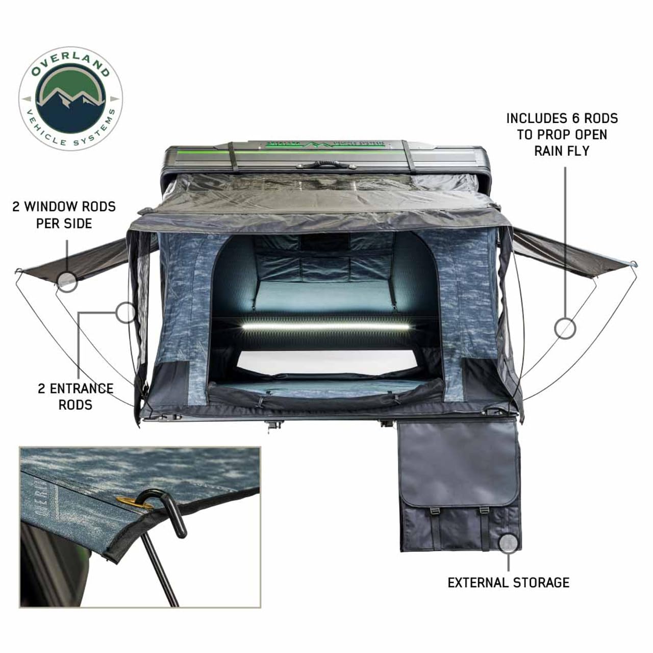 XD Everest Overland Vehicle Systems Cantilever Aluminum Hard Sheel Roof Top Tent with Black Out Kit - Grey Body & Black Rainfly (4 Person Roof Top Tent)