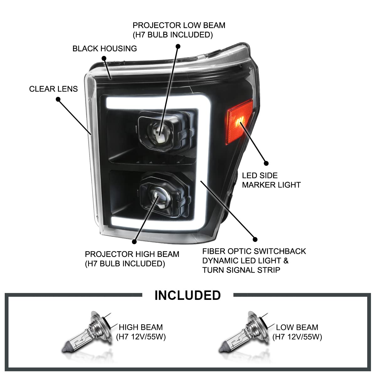 Black SPEC-D TUNING Projector Headlights w/Switchback Sequential LED Bar and Startup Animation Compatible with 2011-2016 Ford F250, F350, F450, F550 Super Duty, Left + Right Pair Headlamps Assembly