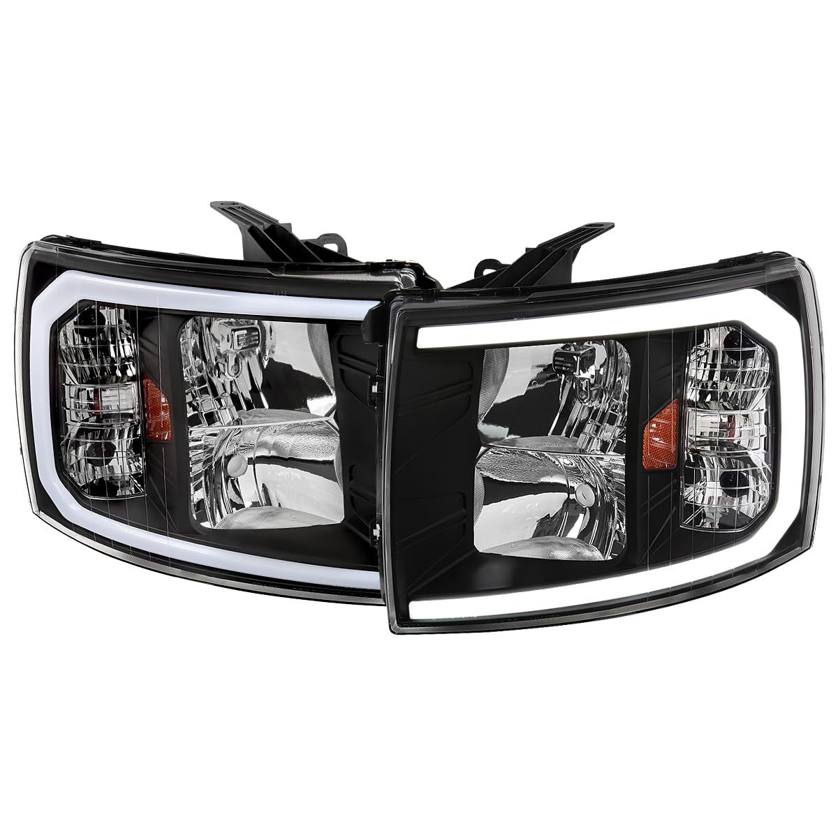 Black SPEC-D TUNING Headlights w/LED Strip Compatible with 2007-2013 Chevy Silverado 1500/2500HD/3500HD, Left + Right Pair Headlamp Assembly