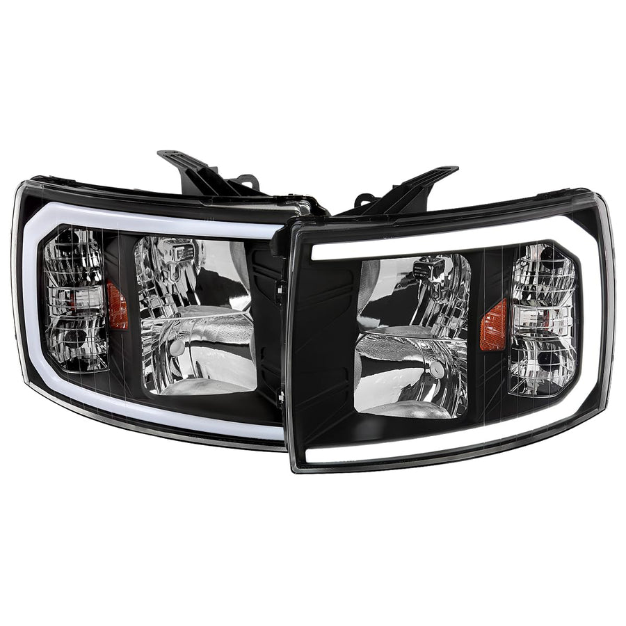 Black SPEC-D TUNING Headlights w/LED Strip Compatible with 2007-2013 Chevy Silverado 1500/2500HD/3500HD, Left + Right Pair Headlamp Assembly