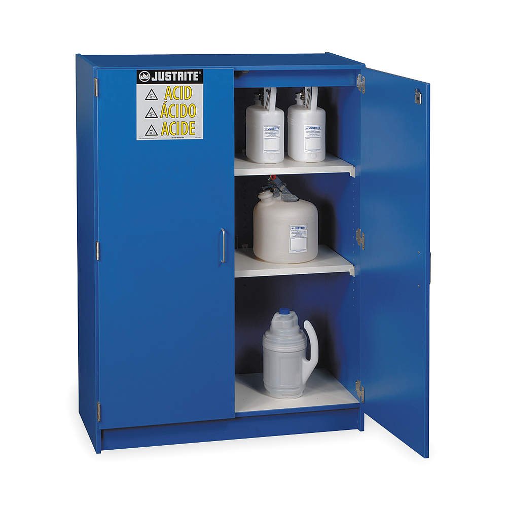 Justrite 24150 60" x 42" x 17 7/8", Two Shelves, Two Sliding Doors Corrosive Storage Non-Metallic Cabinets 49-2 1/2 Liter Bottles