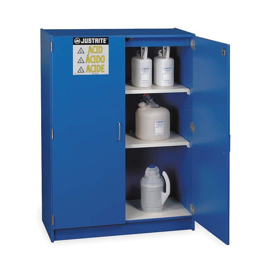 Justrite 24150 60" x 42" x 17 7/8", Two Shelves, Two Sliding Doors Corrosive Storage Non-Metallic Cabinets 49-2 1/2 Liter Bottles