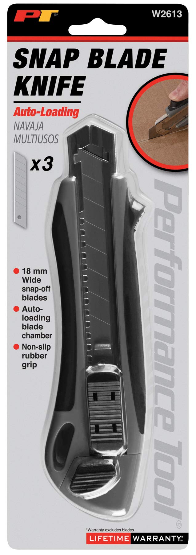 W2613 Performance Tool Auto-loading Snap-off Blade Utility Knife with Non-slip Grip and On-board Storage - Includes 3 Sk5 Blades with 8 Edges Each