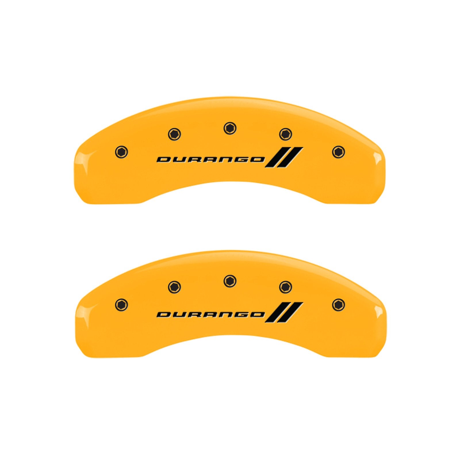 Caliper Covers MGP 12197SDGOYL, Set of 4 (Yellow Engraved Front and Rear: with Stripes/Durango Powder Coat Finish Black Characters)