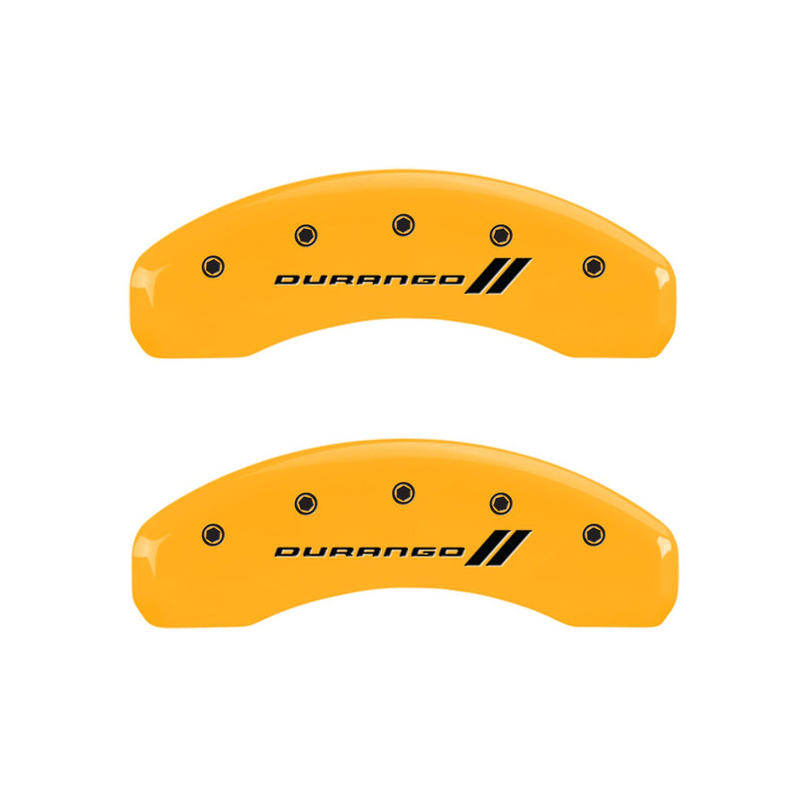 Caliper Covers MGP 12197SDGOYL, Set of 4 (Yellow Engraved Front and Rear: with Stripes/Durango Powder Coat Finish Black Characters)
