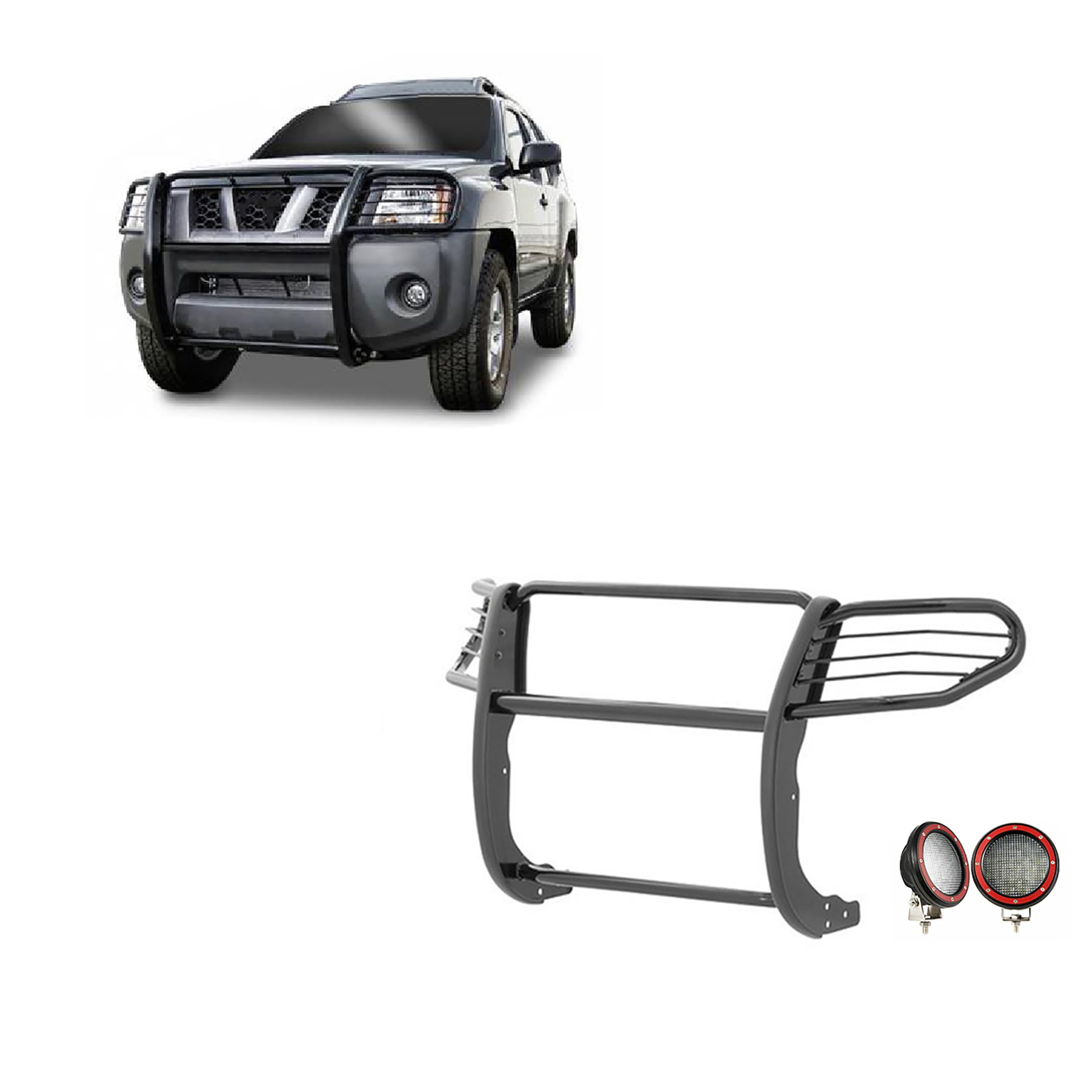 Bumper Guard Black Horse Grille Brush Modular Black Come with Pair of 5.3" Dia.LED Lights with Red Trim Rings Compatible with 2005-2015 Nissan Xterra-17A112100MA-PLFR