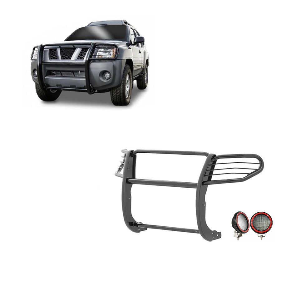 Bumper Guard Black Horse Grille Brush Modular Black Come with Pair of 5.3" Dia.LED Lights with Red Trim Rings Compatible with 2005-2015 Nissan Xterra-17A112100MA-PLFR