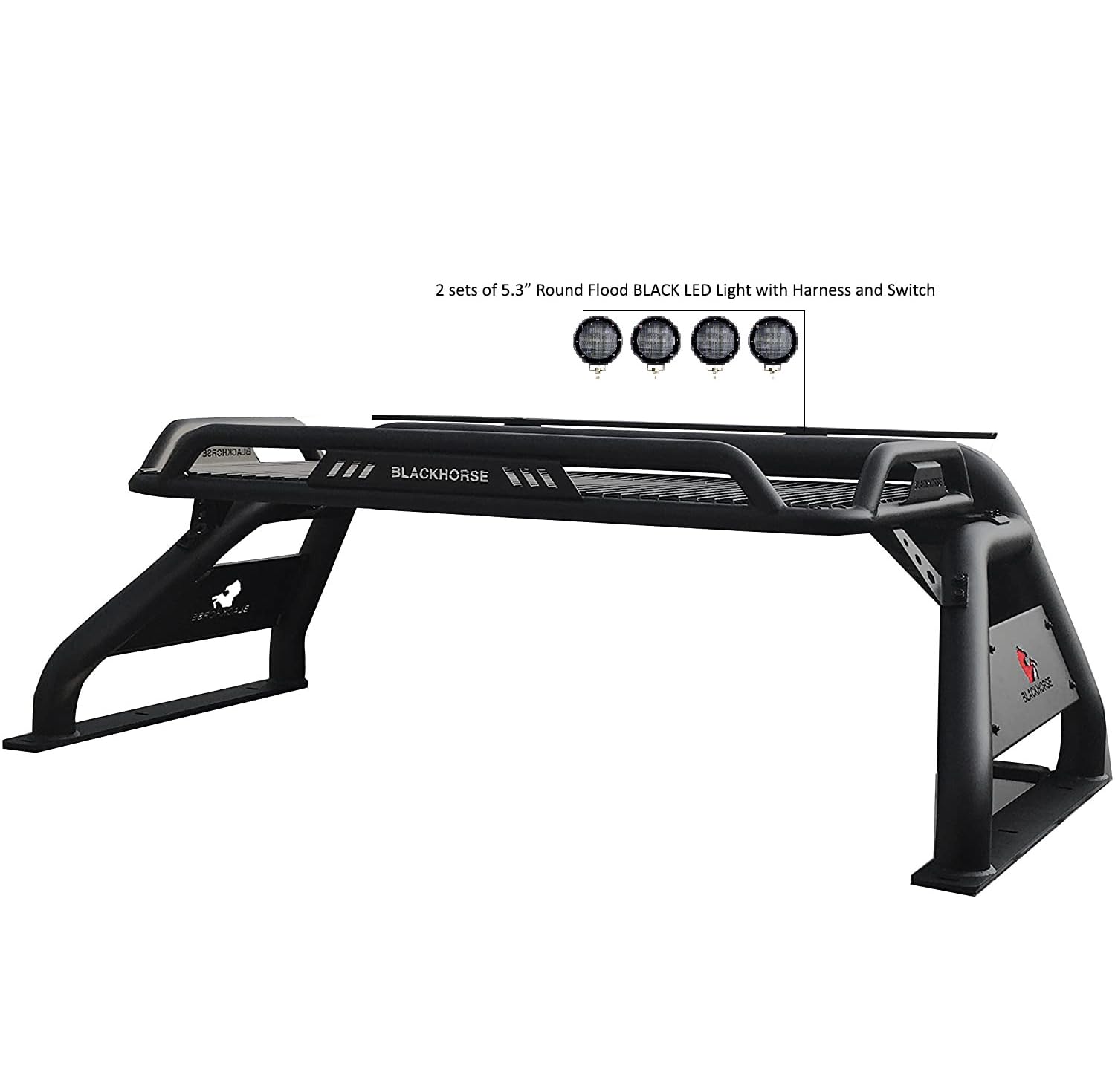 Atlas Black Horse Roll Bar Incl. Set of 5.3" Dia.Led Lights w/Black Trim Rings Compatible with 1999-2025 Ford F-250 Super Duty|1999-2025 Ford F-350 Super Duty|1999-2025 Ford F-450 Super Duty