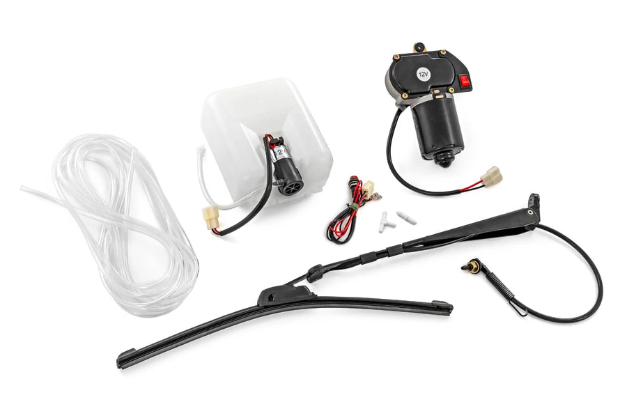 12V UTV Powered Rough Country Wiper with Washer Tank - 1L Reservoir, Washer Nozzle, Built-in On/Off Switch, 16-inch Wiper Blade