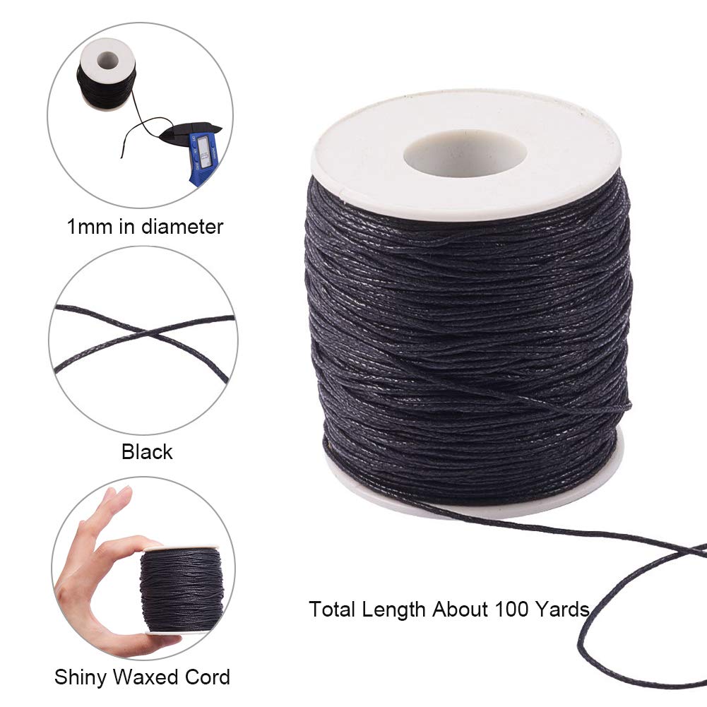JEWELEADER Round Waxed Cotton Cord About 100 Yards 1mm Macrame Craft DIY Thread Rattail Beading String for Jewelry Making Chinese Knotting Kumihimo Shamballa Friendship Bracelets - Black