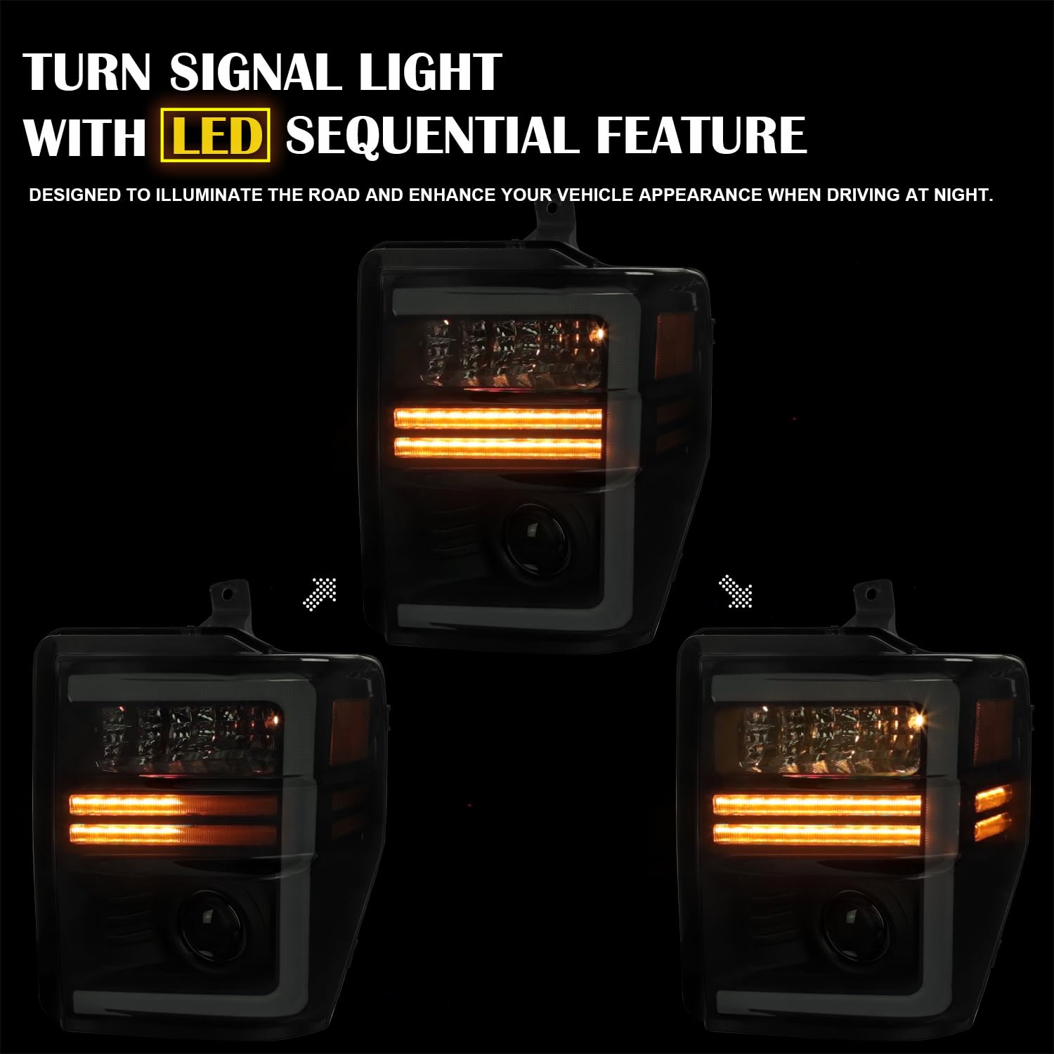 Black Smoke SPEC-D TUNING Projector Headlights with Sequential LED Turn Signal Light Strips Compatible with 2008-2010 Ford F-250, F-350, F-450, F-550 Super Duty, Left + Right Pair Headlamps Assembly