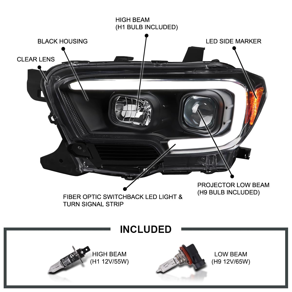 Black Projector Headlights SPEC-D TUNING w/Switchback LED Tube Signal Compatible with 2016-2023 Toyota Tacoma, Left + Right Pair Headlamp Assembly