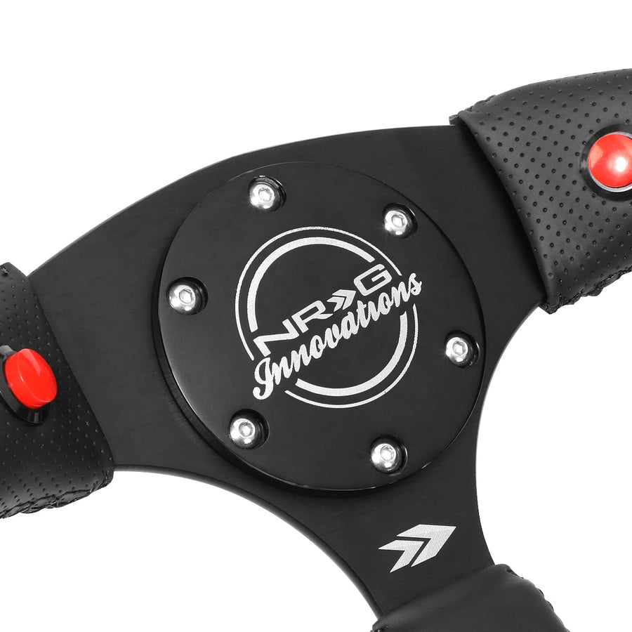 NRG Innovations Reinforced Steering Wheel NRG-RST-023D-R 350mm Sport Leather Racing (2.5" Deep) Comfort Grip, 4mm Matte Black Spoke with Leather Finish and Dual Button