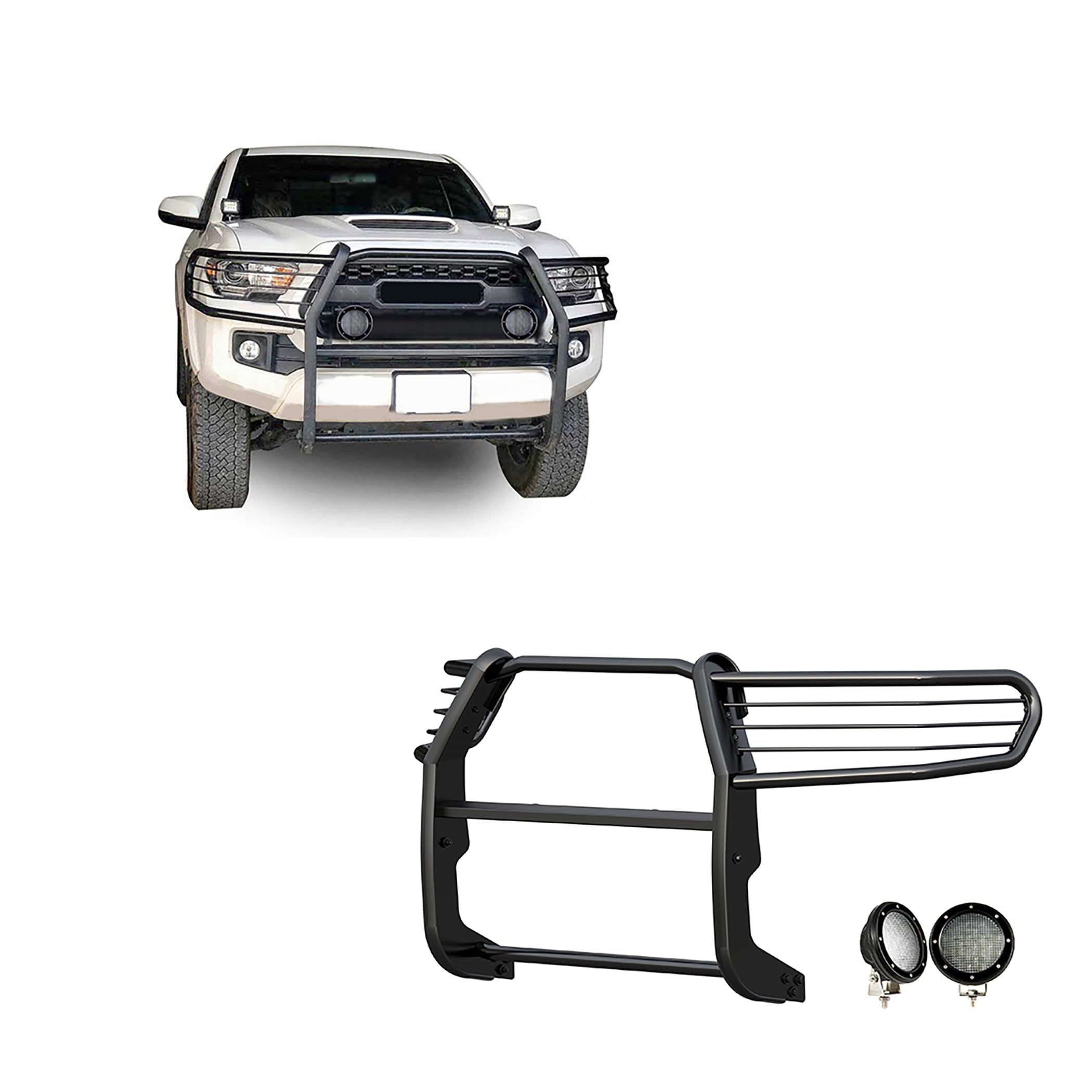 Bumper Guard Black Horse Grille Brush Modular Black Come with Pair of 5.3" Dia.LED Lights with Black Trim Rings Compatible with 2016-2023 Toyota Tacoma-17A096402MA-PLFB