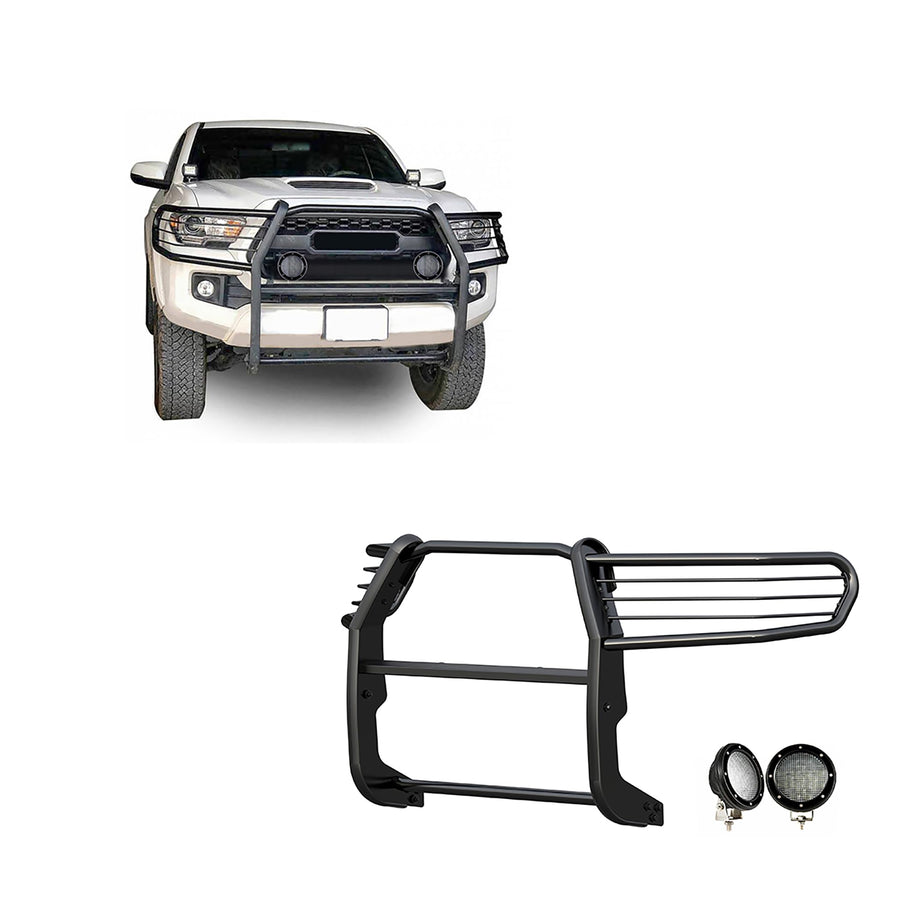 Bumper Guard Black Horse Grille Brush Modular Black Come with Pair of 5.3" Dia.LED Lights with Black Trim Rings Compatible with 2016-2023 Toyota Tacoma-17A096402MA-PLFB