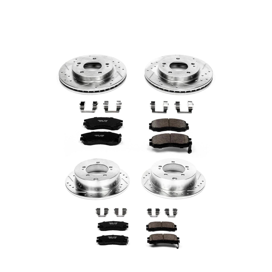 Power Stop K683 Z23 Carbon Fiber Brake Pads Front and Rear with Drilled & Slotted Brake Rotors Kit For Chrysler Sebring, Dodge Avenger, Eagle Talon, Mitsubishi Eclipse [Model Specific]