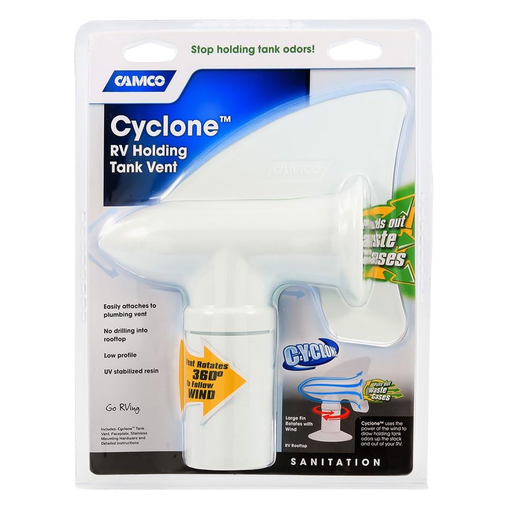 Camco Cyclone Sewer Rotating Plumbing Vent - Rids Odors from Your RV Holding Tank, Rotes 360 Degrees to Pull Odors Up and Away - White (40595)