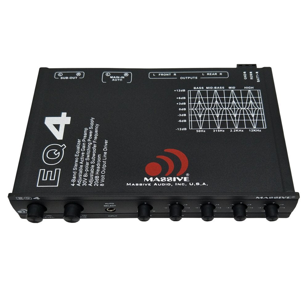 EQ4 Massive Audio | 4-Band Car Audio Equalizer - in-Dash Equalizer with Subwoofer Control, 8V Line Driver & Adjustable Fader for Premium Sound Tuning