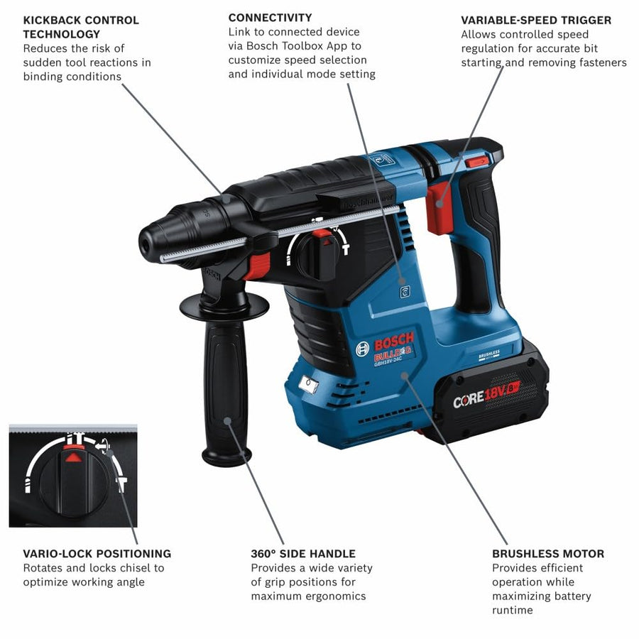 Bosch 18V GBH18V-24CK24 Brushless Connected SDS-plus® Bulldog™ 1 In. Rotary Hammer with (2) CORE18V® 8 Ah High Power Batteries
