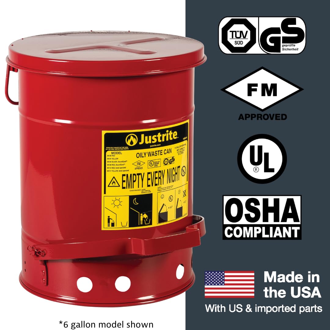 14 Gallon Justrite Galvanized Steel Oily Waste Can, 20" x 16" Metal Oil Rag Safety Can with Foot Operated Self-Closing Lid for Oil Rag Disposal, Made in The USA, Red, 09500