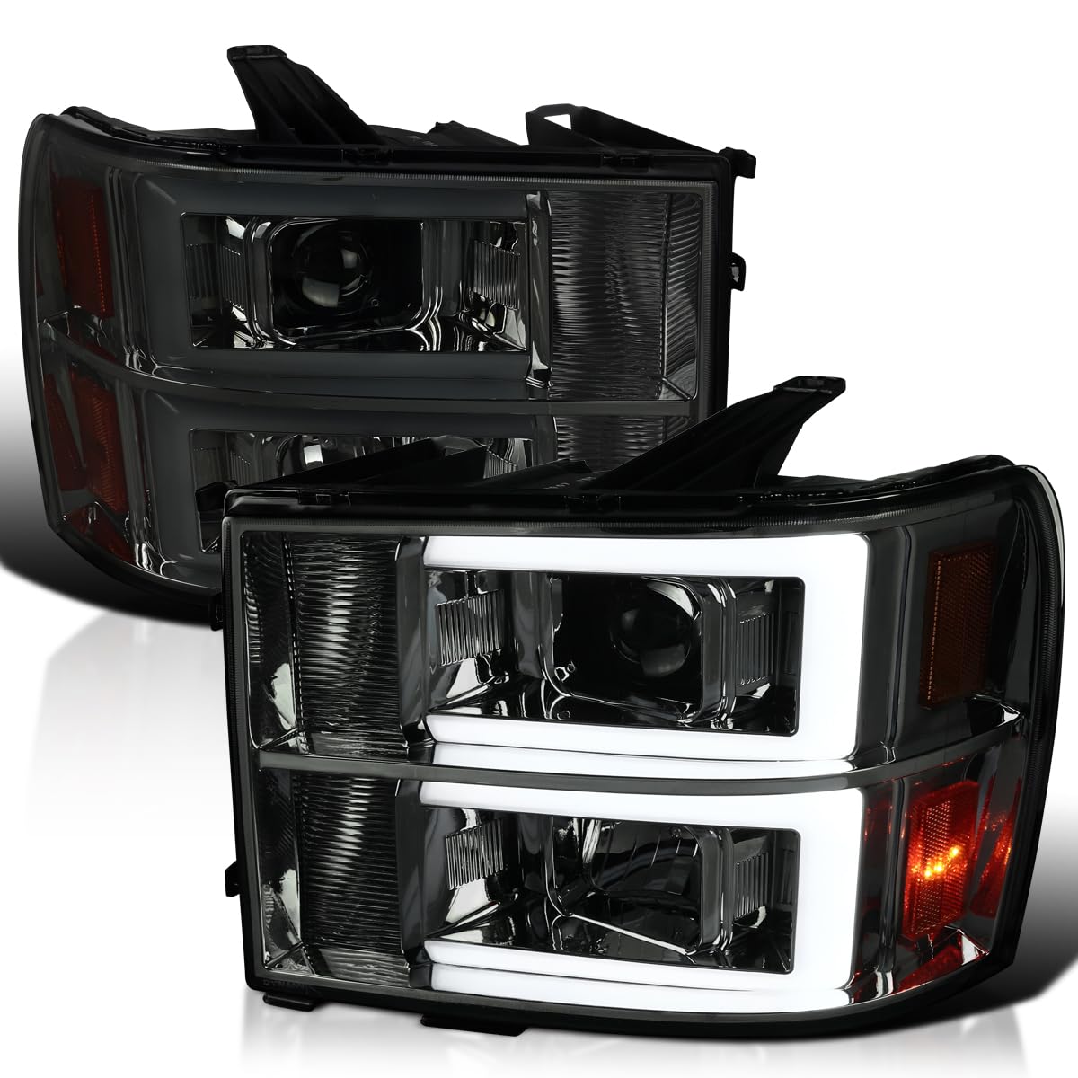 Smoke SPEC-D TUNING Projector Headlights w/LED Light Bar Compatible with 2007-2013 GMC Sierra 1500, 1500HD, 2500HD, 3500HD, Left + Right Pair Headlamps Assembly