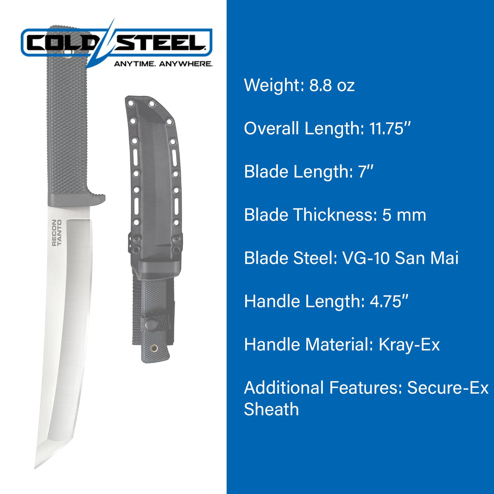 Recon Tanto COLD STEEL 7" VG-10 San Mai Razor-Sharp Blade 4.75" Kray-Ex Handle Military Tactical Fixed Blade Knife w/Secure-Ex Sheath