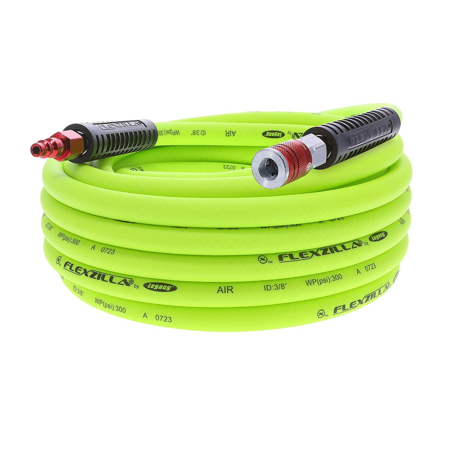 Air Hose Flexzilla with ColorConnex Industrial Type D Coupler and Plug, 3/8 in. x 35 ft., Heavy Duty, Lightweight, Hybrid, ZillaGreen - HFZ3835YW2-D
