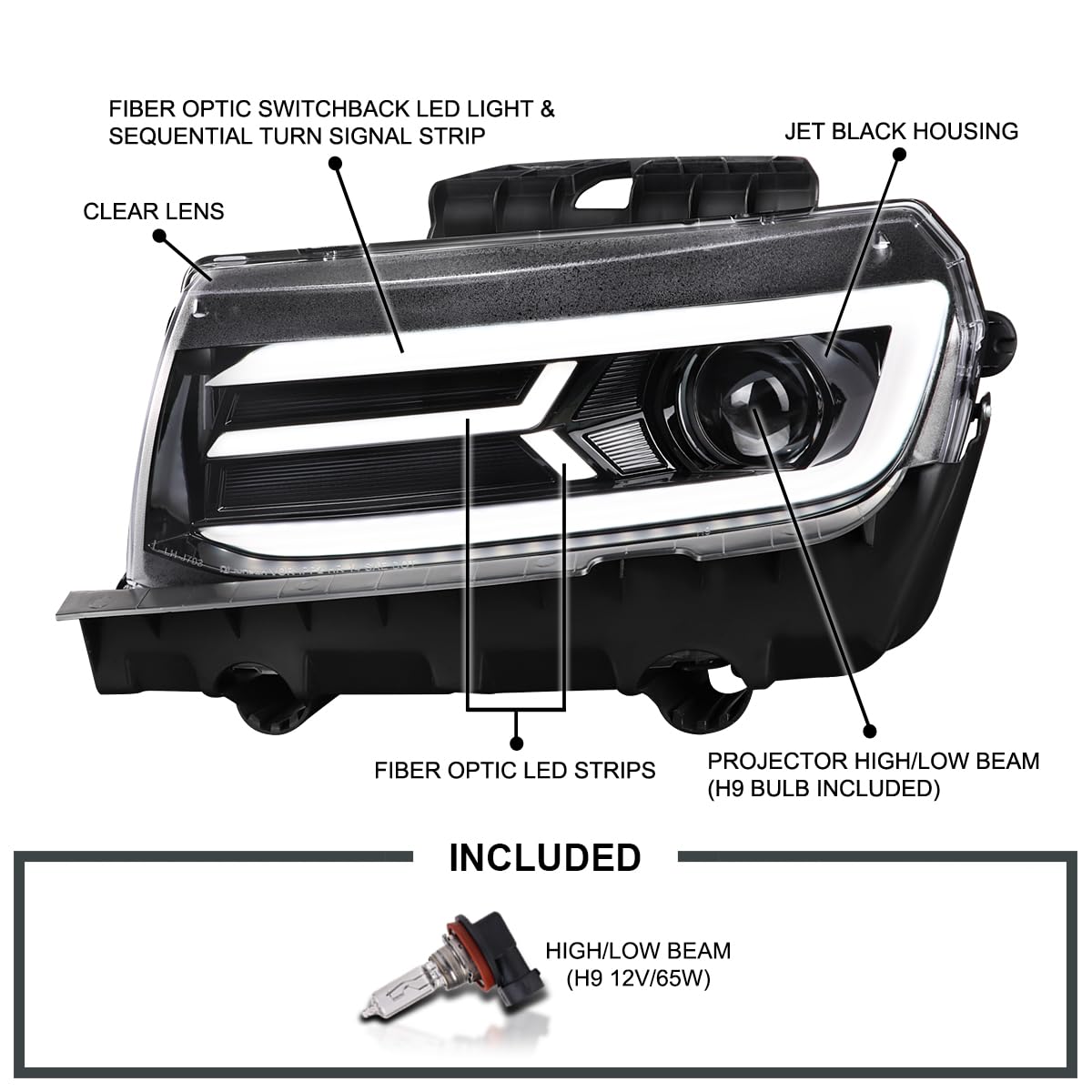Glossy Black SPEC-D TUNING Projector Headlights w/Switchback and Sequential Turn Signals Compatible with 2014-2015 Chevy Camaro, Left + Right Pair Headlamps Assembly