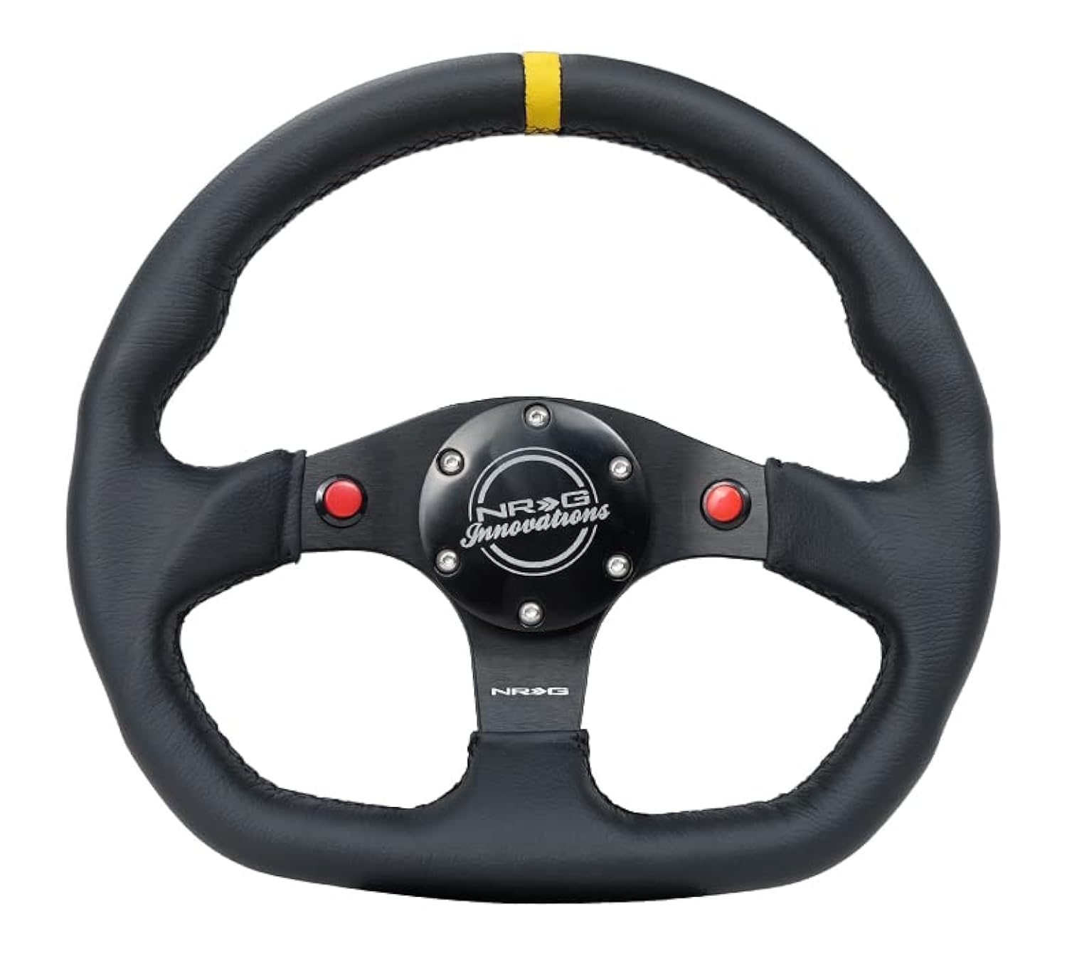 NRG Innovations Reinforced NRG-RST-024D-MB-R-Y Steering Wheel 320mm Sport Leather Dual Push Buttons Flat Bottom with Yellow Center Mark