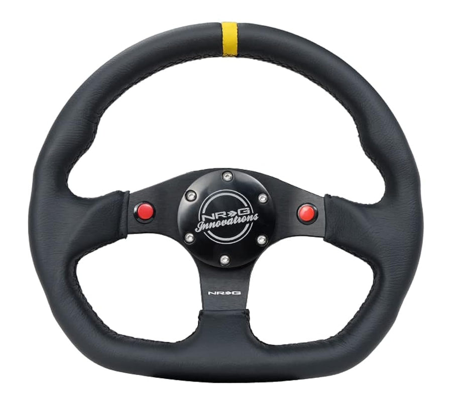 NRG Innovations Reinforced NRG-RST-024D-MB-R-Y Steering Wheel 320mm Sport Leather Dual Push Buttons Flat Bottom with Yellow Center Mark