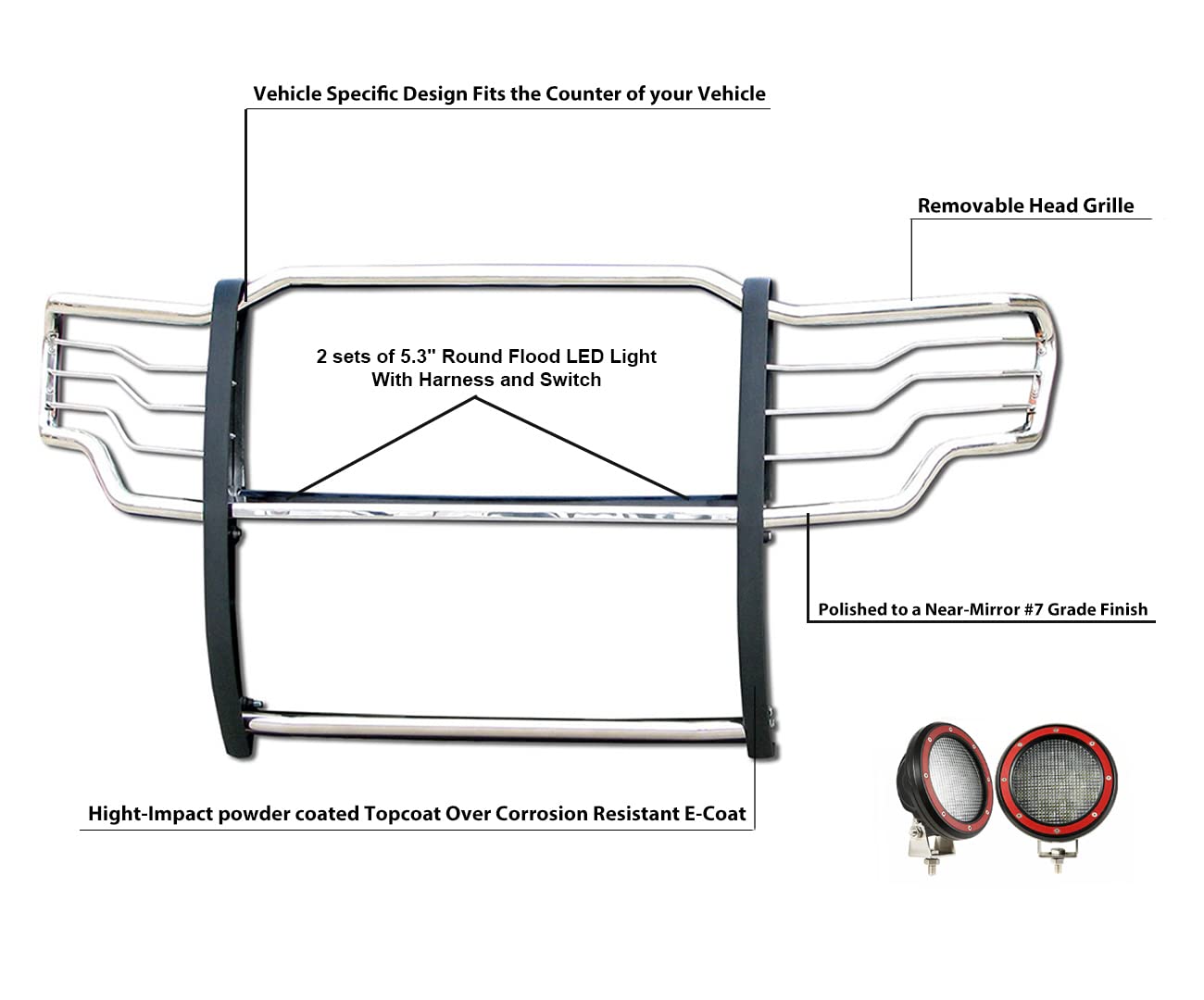 Bumper Guard Black Horse Grille brush Modular Stainless Steel Come With Pair of 5.3" Dia.LED Lights with Red Trim Rings Compatible with 2009-2014 Ford F-150-17FP30MSS-PLFR