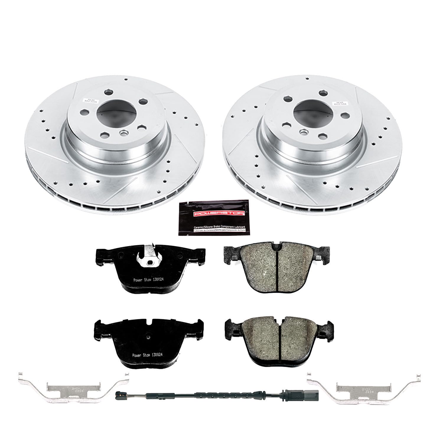 Power Stop K7430 Rear Brake Pads Z23 Carbon Fiber with Drilled & Slotted Brake Rotors Kit and 1 Rear Sensor Wire For BMW X5 2011-2018, BMW X6 2011-2018 [Model Specific]