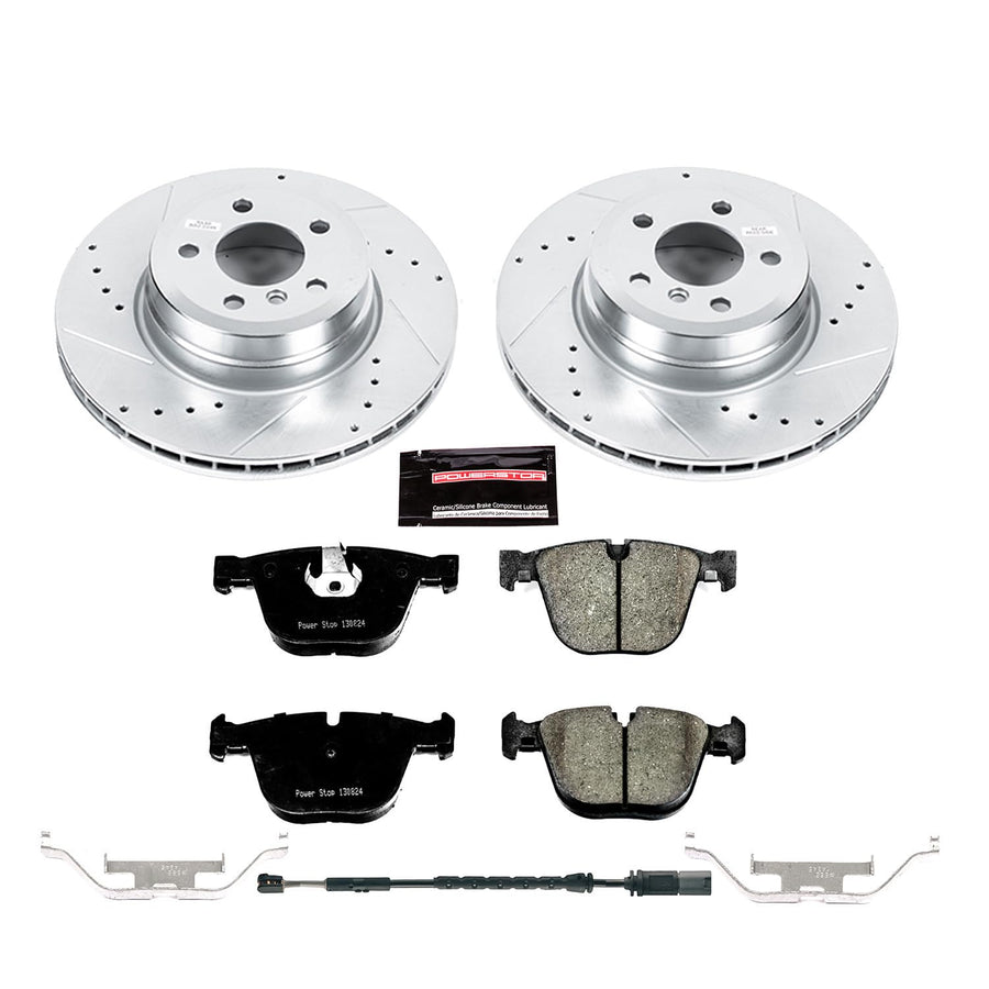 Power Stop K7430 Rear Brake Pads Z23 Carbon Fiber with Drilled & Slotted Brake Rotors Kit and 1 Rear Sensor Wire For BMW X5 2011-2018, BMW X6 2011-2018 [Model Specific]