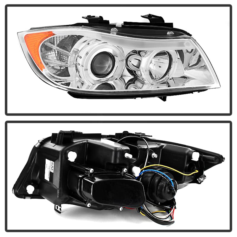 BMW E90 3-Series 06-08 4DR Spyder Projector Headlights - LED Halo - Amber Reflector - Replaceable Eyebrow Bulb - Chrome - High H1 (Included) - Low H7 (Included)