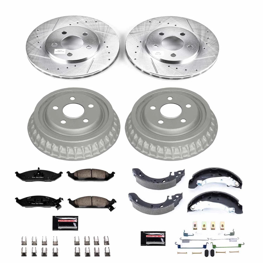 Power Stop K15159DK Z23 Carbon Fiber Brake Pads Front and Rear with Drilled & Slotted Brake Drums Kit
