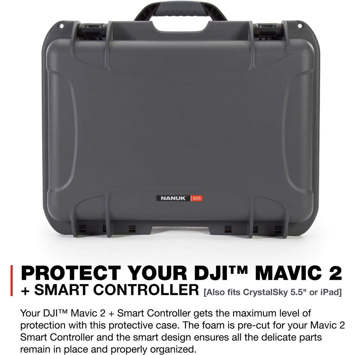 Nanuk Waterproof 925 Hard Case with Foam Insert for DJI Mavic 2 Pro|Zoom + Smart Controller, Crystalsky 5.5" or iPad - Graphite